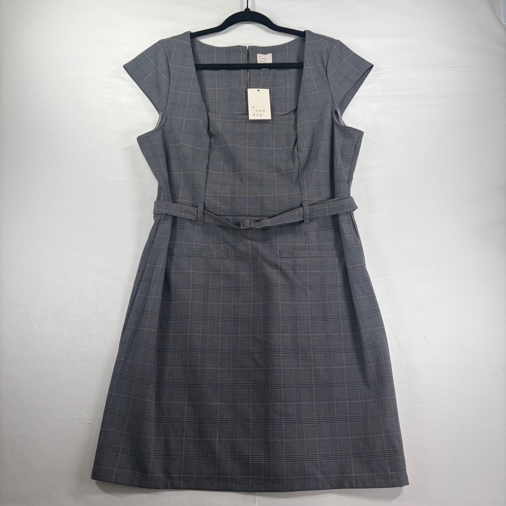 A New Day Gray Plaid Square Neck Belted Sheath Dress Large Business Chic Cottagr